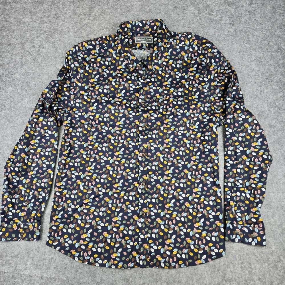 Paisley & Gray Shirt Mens 2XL 19 Slim Fit Long Sleeve Button Down Navy & Leaves - Picture 2 of 8